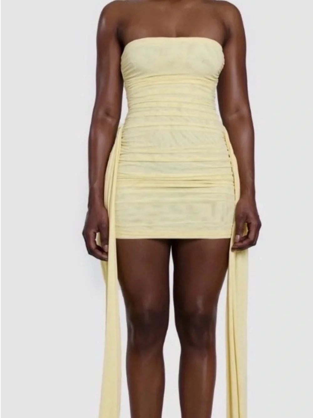 Strapless Ruched Mini Dress in Soft Yellow